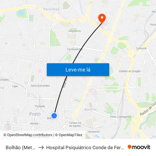 Bolhão (Metro) to Hospital Psiquiátrico Conde de Ferreira map
