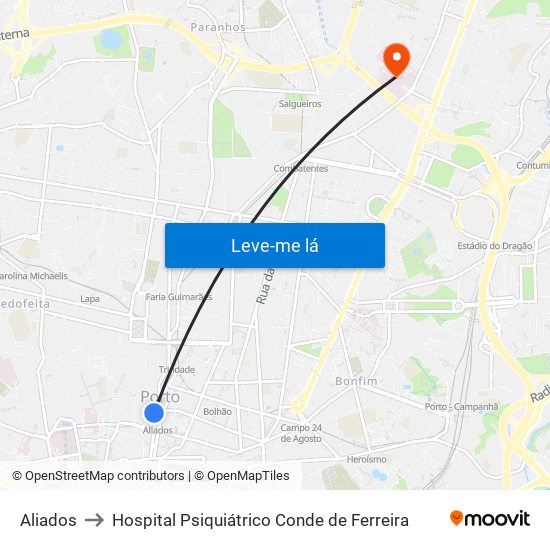 Aliados to Hospital Psiquiátrico Conde de Ferreira map