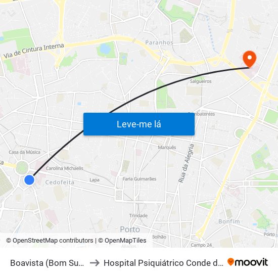 Boavista (Bom Sucesso) to Hospital Psiquiátrico Conde de Ferreira map