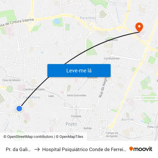 Pr. da Galiza to Hospital Psiquiátrico Conde de Ferreira map