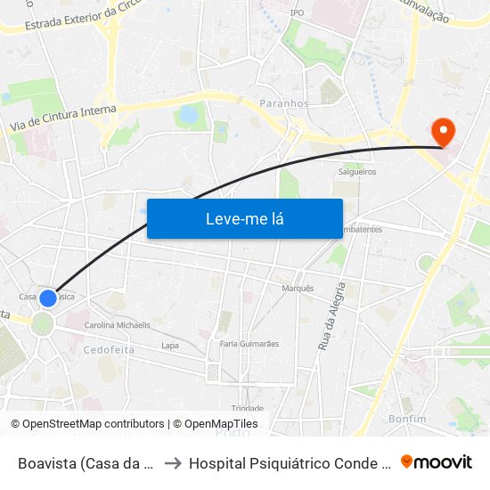 Boavista (Casa da Música) to Hospital Psiquiátrico Conde de Ferreira map