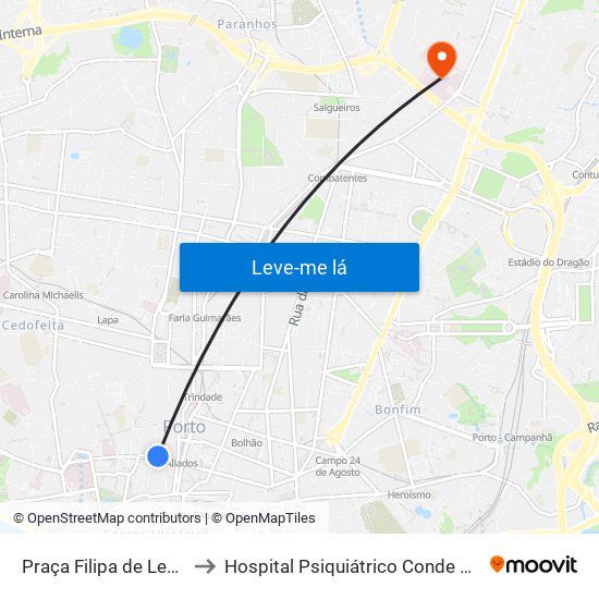 Praça Filipa de Lencastre to Hospital Psiquiátrico Conde de Ferreira map