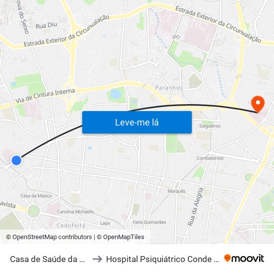 Casa de Saúde da Boavista to Hospital Psiquiátrico Conde de Ferreira map