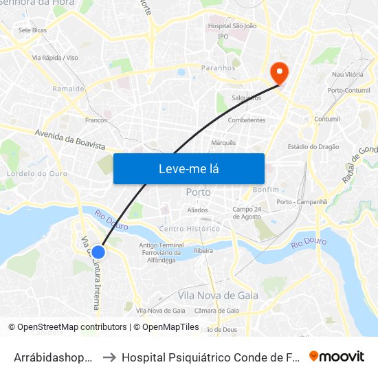 Arrábidashopping to Hospital Psiquiátrico Conde de Ferreira map