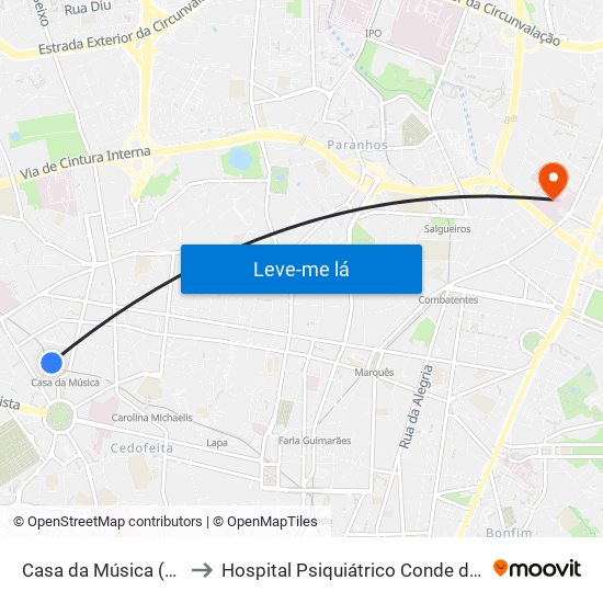 Casa da Música (Metro) to Hospital Psiquiátrico Conde de Ferreira map