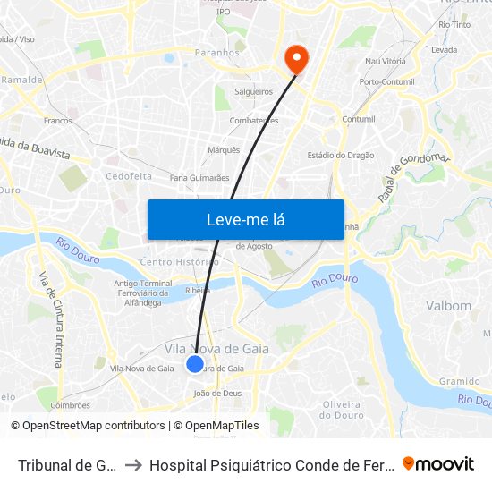 Tribunal de Gaia to Hospital Psiquiátrico Conde de Ferreira map