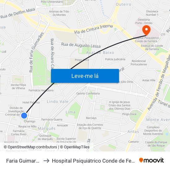 Faria Guimarães to Hospital Psiquiátrico Conde de Ferreira map