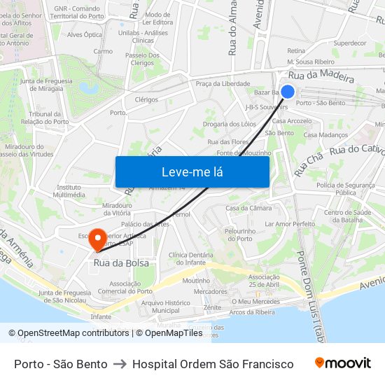 Porto - São Bento to Hospital Ordem São Francisco map