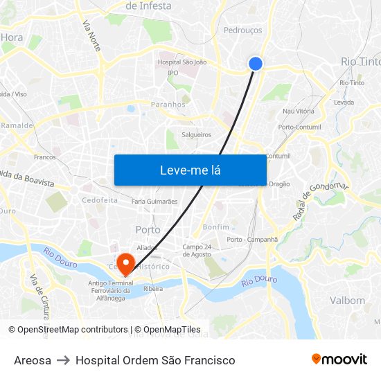 Areosa to Hospital Ordem São Francisco map