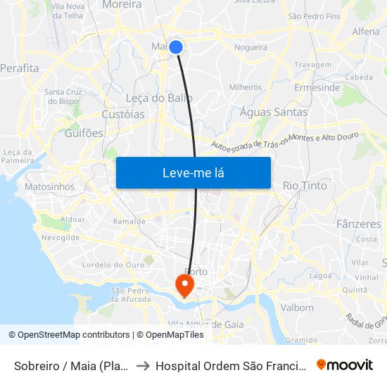 Sobreiro / Maia (Plaza) to Hospital Ordem São Francisco map