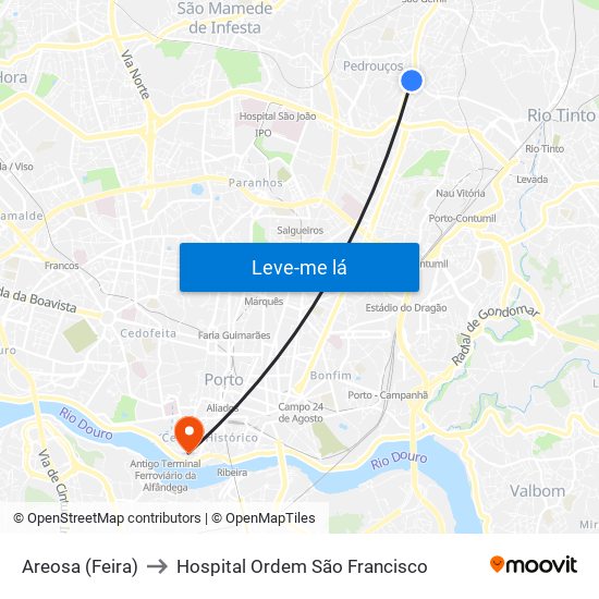 Areosa (Feira) to Hospital Ordem São Francisco map