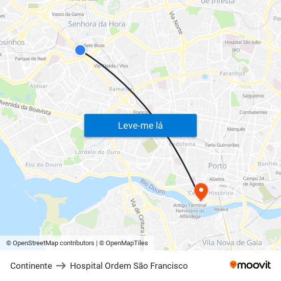 Continente to Hospital Ordem São Francisco map