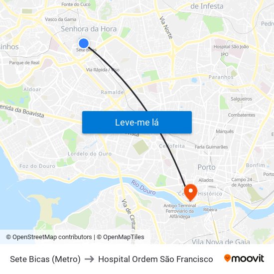 Sete Bicas (Metro) to Hospital Ordem São Francisco map