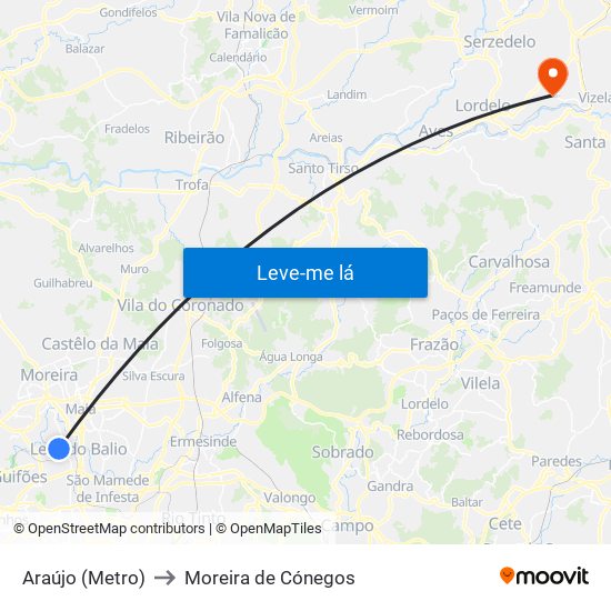 Araújo (Metro) to Moreira de Cónegos map