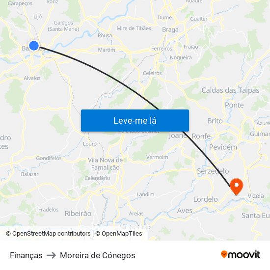 Finanças to Moreira de Cónegos map