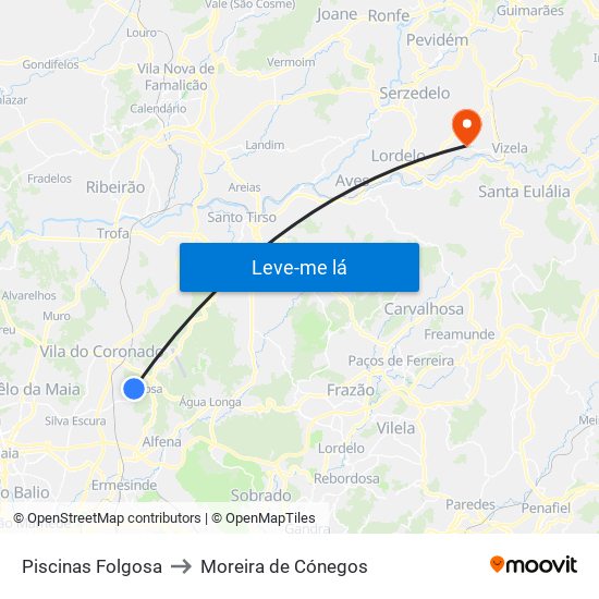 Piscinas Folgosa to Moreira de Cónegos map