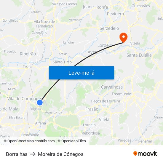 Borralhas to Moreira de Cónegos map