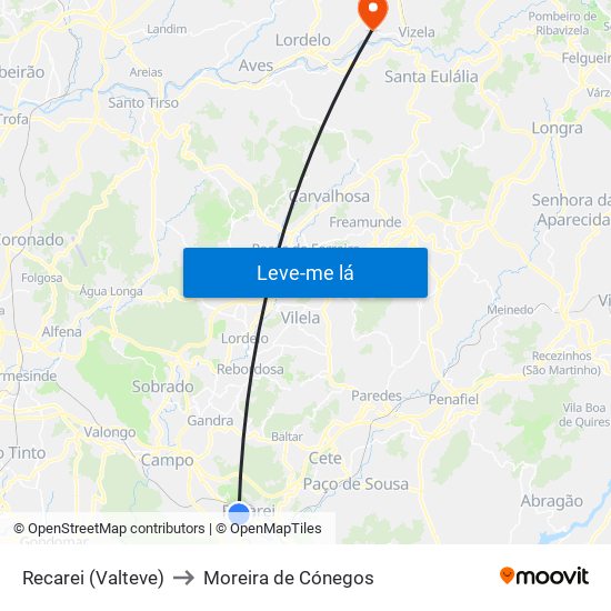 Recarei (Valteve) to Moreira de Cónegos map