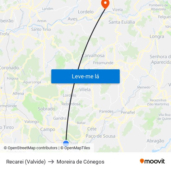 Recarei (Valvide) to Moreira de Cónegos map