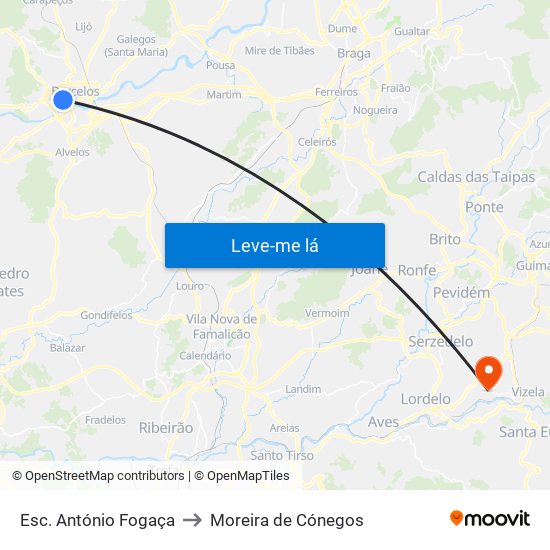 Esc. António Fogaça to Moreira de Cónegos map