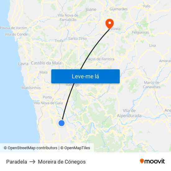 Paradela to Moreira de Cónegos map