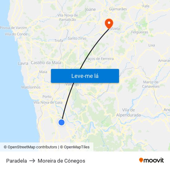 Paradela to Moreira de Cónegos map