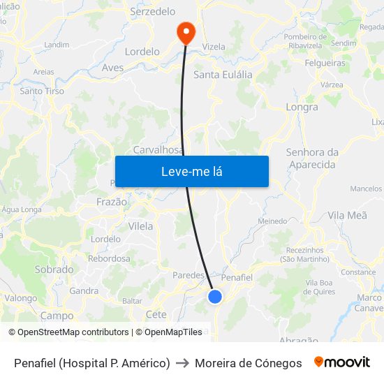Penafiel (Hospital P. Américo) to Moreira de Cónegos map