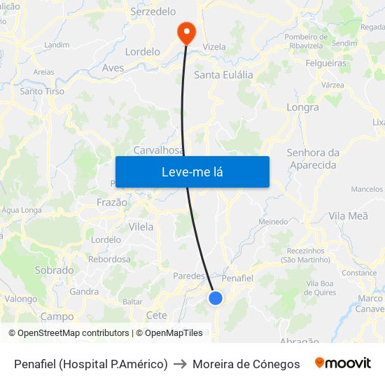 Penafiel (Hospital P.Américo) to Moreira de Cónegos map