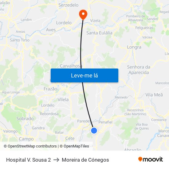 Hospital V. Sousa 2 to Moreira de Cónegos map