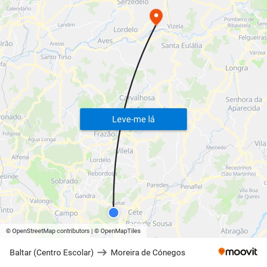 Baltar (Centro Escolar) to Moreira de Cónegos map