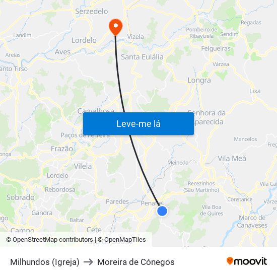 Milhundos (Igreja) to Moreira de Cónegos map