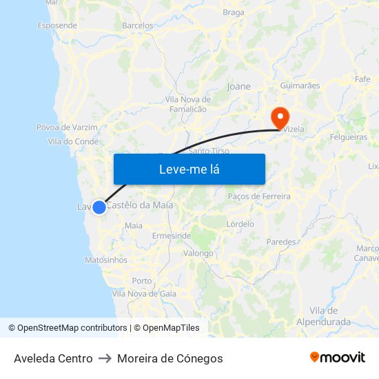 Aveleda Centro to Moreira de Cónegos map