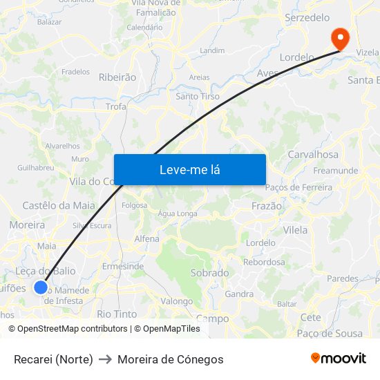 Recarei (Norte) to Moreira de Cónegos map