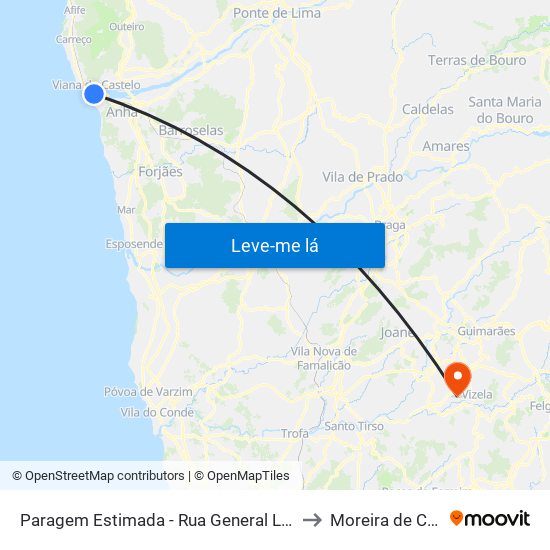 Paragem Estimada - Rua General Luís do Rego, AR to Moreira de Cónegos map