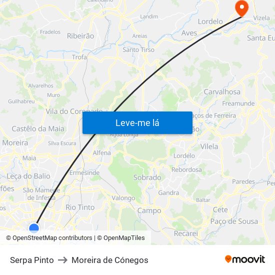 Serpa Pinto to Moreira de Cónegos map