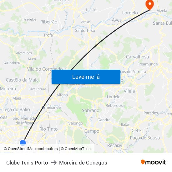 Clube Ténis Porto to Moreira de Cónegos map
