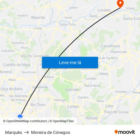 Marquês to Moreira de Cónegos map
