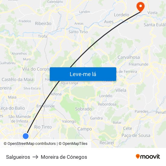 Salgueiros to Moreira de Cónegos map