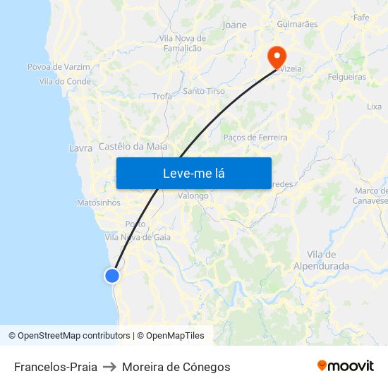 Francelos-Praia to Moreira de Cónegos map