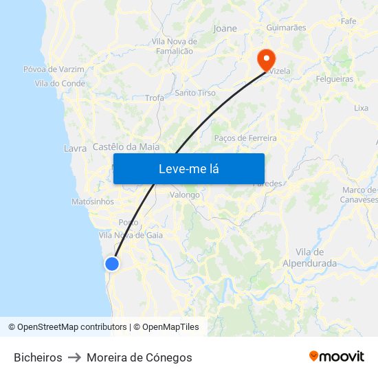 Bicheiros to Moreira de Cónegos map