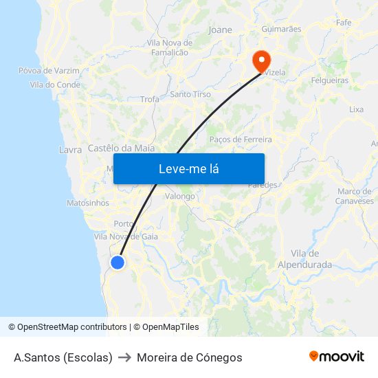 A.Santos (Escolas) to Moreira de Cónegos map