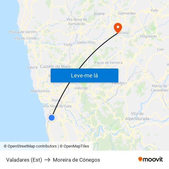 Valadares (Est) to Moreira de Cónegos map