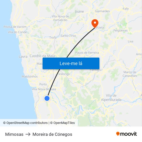 Mimosas to Moreira de Cónegos map
