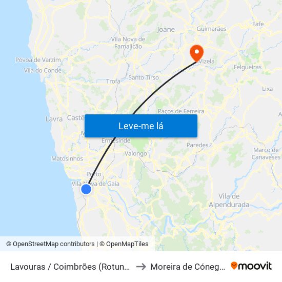 Lavouras / Coimbrões (Rotunda) to Moreira de Cónegos map