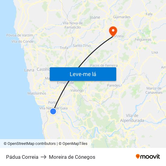 Pádua Correia to Moreira de Cónegos map