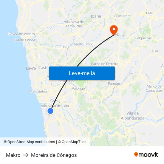 Makro to Moreira de Cónegos map