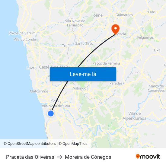 Praceta das Oliveiras to Moreira de Cónegos map
