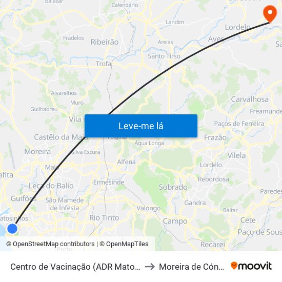 Centro de Vacinação (ADR Matosinhos) to Moreira de Cónegos map