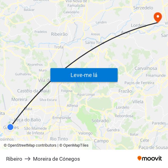 Ribeiro to Moreira de Cónegos map