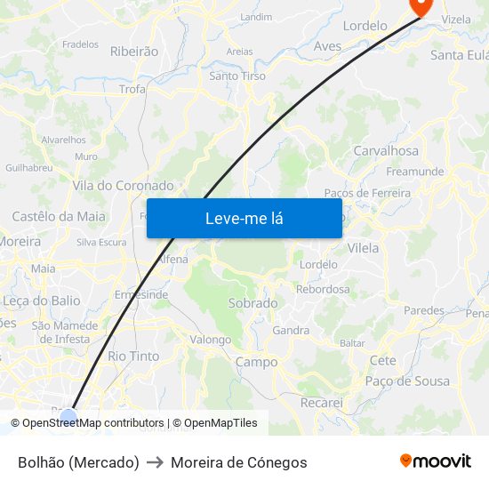 Bolhão (Mercado) to Moreira de Cónegos map